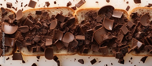 A close up shot of chocolate sprinkles and chocolate chunks on sliced bread providing ample blank space for adding text or graphics photo