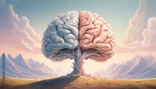 Left right human brain concept, textured illustration. Creative left and right part of human brain, emotial and logic parts concept with social and business doodle illustration of left side, and ... S