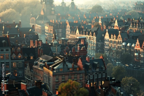 Tranquil european cityscape at sunrise with historic rooftops and buildings, capturing the warm morning light and atmospheric glow in this urban scene