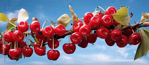 A branch of morello cherries adorned with red flowers against a backdrop of a blue sky creating a captivating copy space image photo