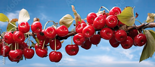 A branch of morello cherries adorned with red flowers against a backdrop of a blue sky creating a captivating copy space image
