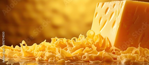 A block of cheese rests on a background of shredded cheddar cheese providing an ideal space for your snack message. Copyspace image