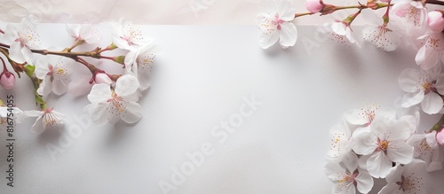 Cherry blossoms surrounding a paper sheet with empty space in the background. Copyspace image