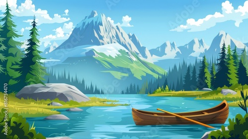 Coastal adventure modern landscape with boat on a mountain river with green grass  calm water  a wood canoe  and beautiful rocks.