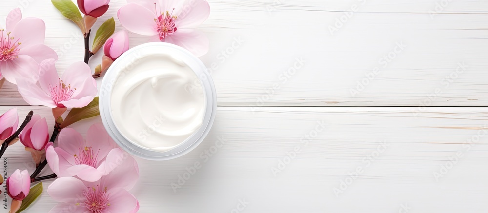 Aesthetic creams and beauty products with delicate pink flowers on a backdrop of white wood ideal for a copy space image Aesthetic creams and beauty products with delicate pink flowers on a backdrop of white wood ideal for a copy space image