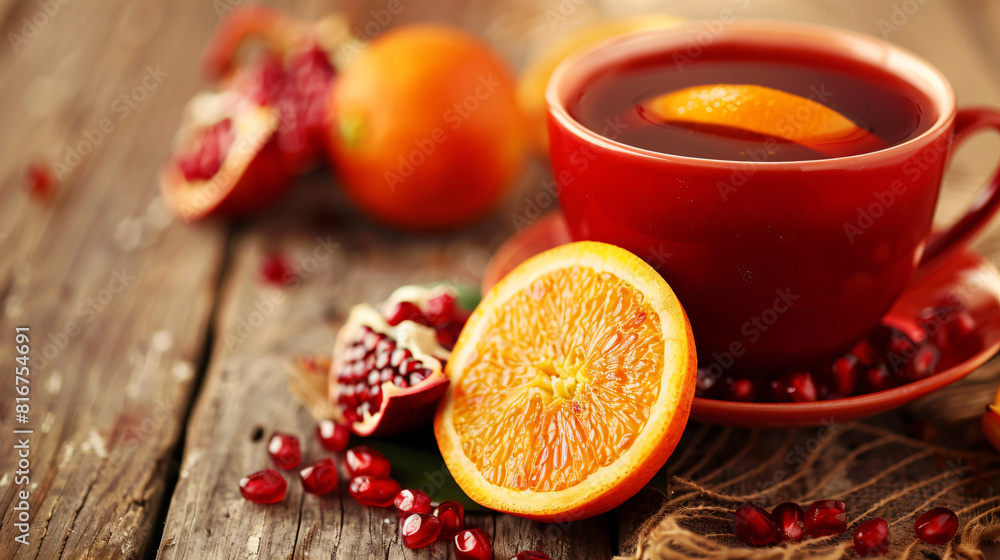 Cup of hot mulled wine with orange and pomegranate 