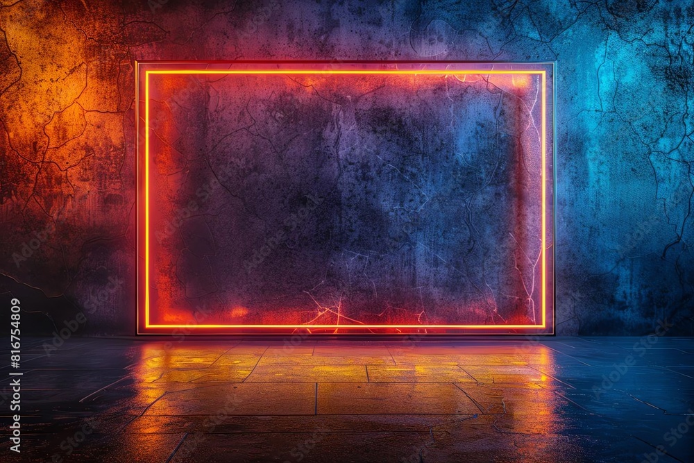 Obraz premium Glowing rectangular frame in concrete room with glowing blue and orange neon lights.