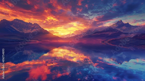 Stunning Sunset Over Mountain Lake with Vibrant Reflections