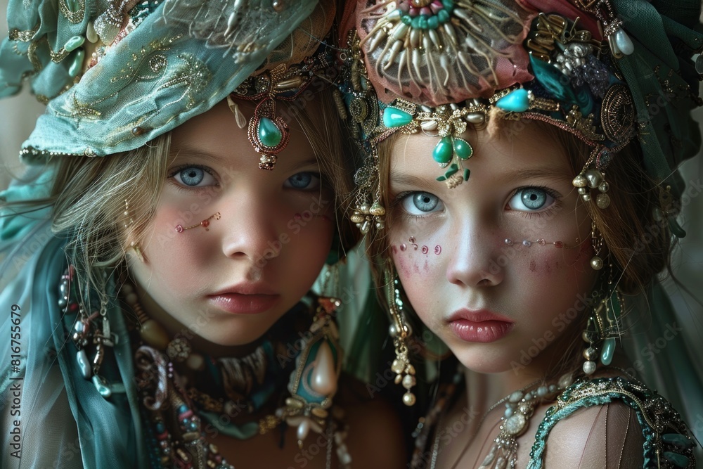 Two young girls dressed up in intricate outfits. Perfect for costume party themes Two young girls dressed up in intricate outfits. Perfect for costume party themes