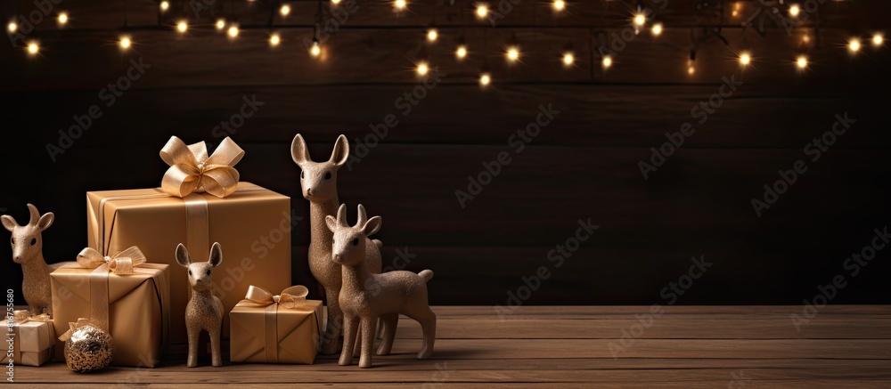 Tiny deer figurines holding a blank wish card by a toy Christmas tree and wrapped gift box against a dark wooden background Creative holidays season mockup. copy space available Tiny deer figurines holding a blank wish card by a toy Christmas tree and wrapped gift box against a dark wooden background Creative holidays season mockup. copy space available