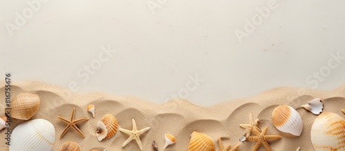 Summer time concept with sea shells and starfish on the beach sand white background free space for your decoration Top view. copy space available #816755676