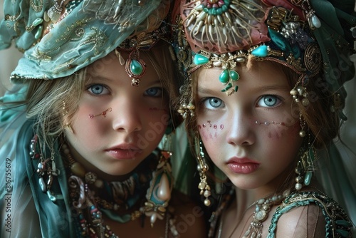Two young girls dressed up in intricate outfits. Perfect for costume party themes