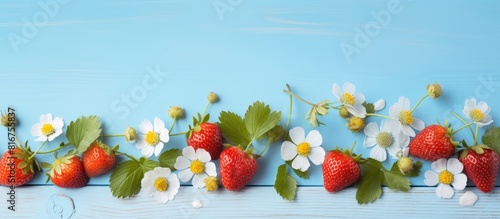 Fresh wild strawberries flowers and leaves on light blue wooden table flat lay Space for text. copy space available