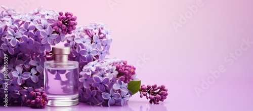 Beautiful lilac flowers with bottle of perfume on purple background with space for text. copy space available