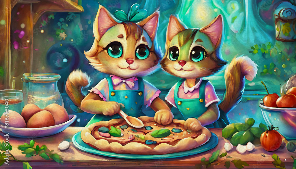 Naklejka premium oil painting style Cartoon character baby cute cat bonding while making homemade pizza together in kitchen,