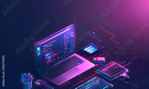  illustration of a modern computer with a colorful background Laptop with programming code on screen. Programming and coding concept. 3D Rendering.