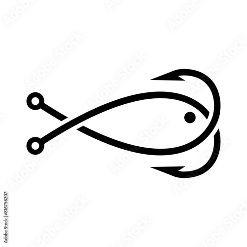 Logo de pesca. Restaurante de pescado y marisco. Silueta de anzuelos de pesca cruzados con forma de pescado
