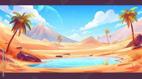 Desert oasis with sand dune modern landscape background. Dubai mirage in arabian sand scenery illustration. Landscape of dry Morocco with rock nature near pond water.