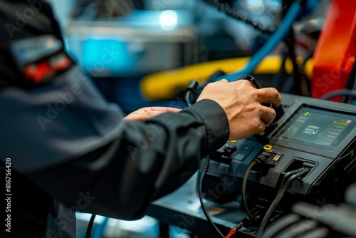 A skilled mechanic is working on a machine in a factory, using diagnostic equipment to assess and repair the equipment