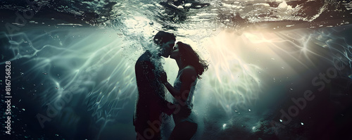 Silhouetted couple shares a tender kiss underwater, illuminated by a beam of light