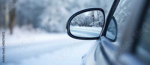A modern car s side view mirror is seen covered in snow providing ample copy space for an image
