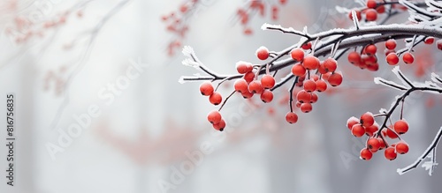 A scenic winter landscape featuring frozen red briar berries with copy space image photo