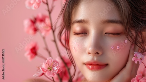 Korean Beauty Model with Flawless Skin and Spring Blossoms