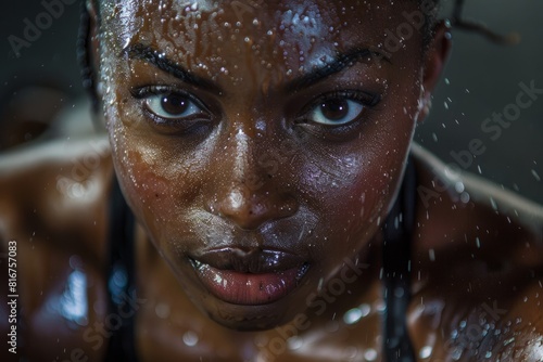 A confident Black woman is working out in a gym  with water dripping down her face  showing determination and focus