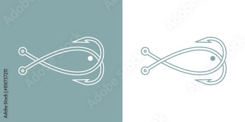 Logo de pesca. Restaurante de pescado y marisco. Silueta de anzuelos de pesca cruzados con forma de pescado