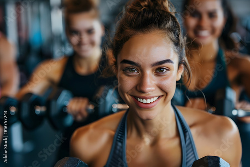 Young woman smiling during workout at gym