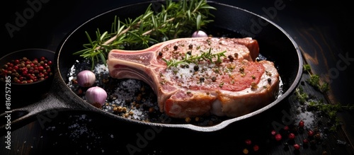 Raw Pork chops on flying pan ready to cook with herb salt pepper with wooden flipper on dark background. copy space available photo