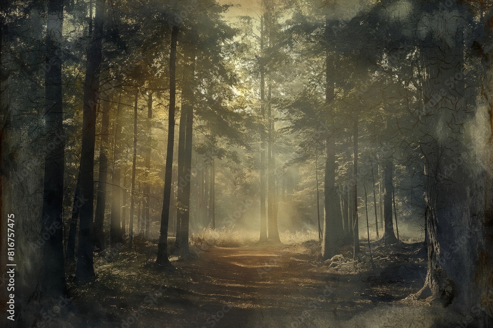 Obraz premium Mystical forest scene with sunbeams filtering through towering trees