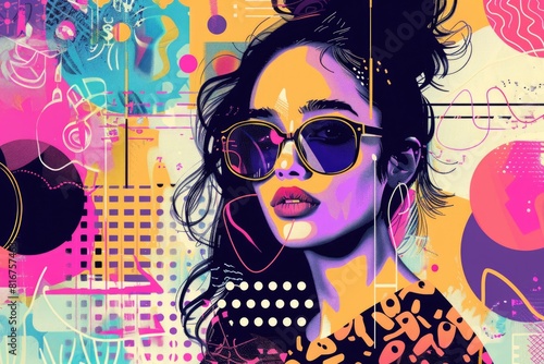 Stylish woman wearing sunglasses against vibrant background. Perfect for fashion or summer-themed designs