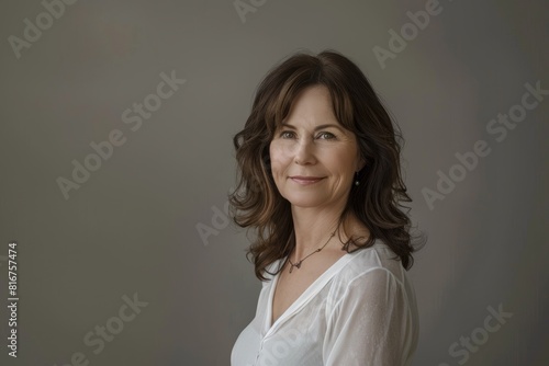 A brunette woman in her midforties posing gracefully for a photograph in a white shirt against a neutral background