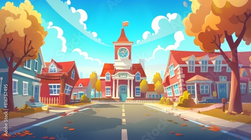 An illustration of a school building on a city street. An illustration of a student scene near a university house exterior. A kindergarten with architecture and a happy teacher walking around a