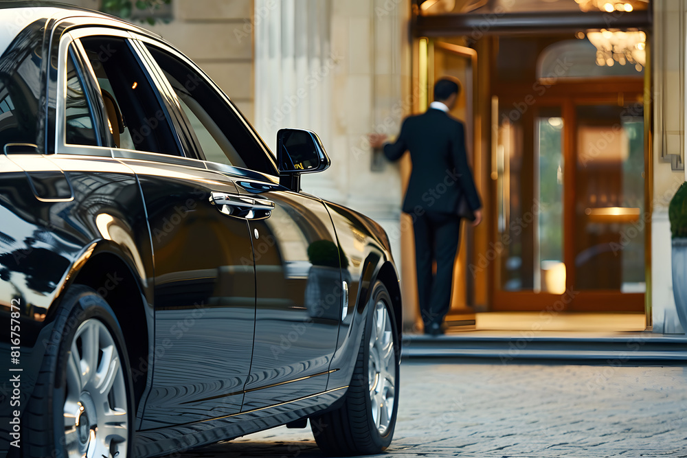 Luxury car and chauffeur at upscale hotel entrance