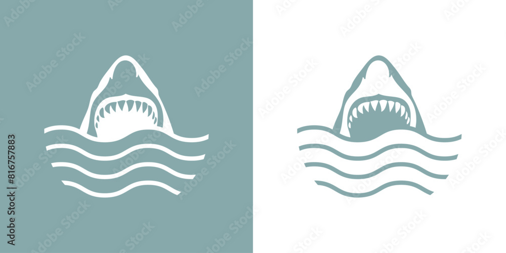 Logo Nautical. Símbolo de peligro de ataque de tiburón. Silueta de cabeza de gran tiburón blanco con boca abierta con olas de mar Logo Nautical. Símbolo de peligro de ataque de tiburón. Silueta de cabeza de gran tiburón blanco con boca abierta con olas de mar