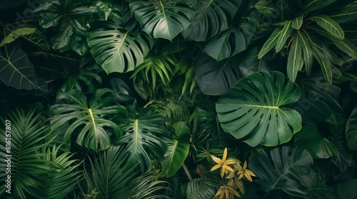 Tropical lush jungle vegetation background with dense green leaves, vibrant foliage, and exotic flora, creating a serene and verdant eco-friendly botanical wallpaper in a rainforest scenery
