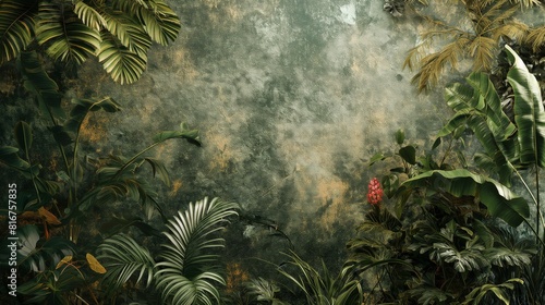High-resolution photo showcasing a textured jungle backdrop with rich green foliage and space for text