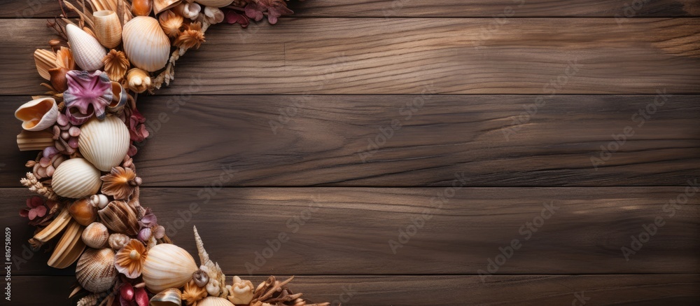 Wreath made of shells on a wooden wall. copy space available Wreath made of shells on a wooden wall. copy space available