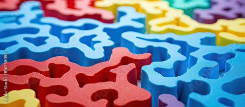 Macro photo of the details of a foam eva isolated on white background Colored rubber mat puzzle for children. copy space available