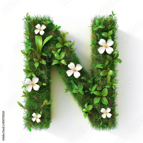 Green organic grass with tiny flowers made letter N on white clean background. Environment concept. Generative AI