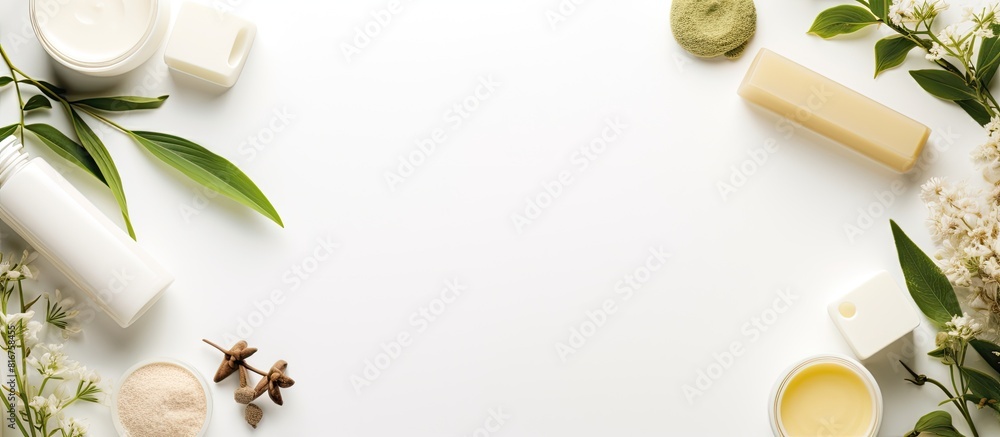 Flat lay composition with different spa products on white background Space for text. copy space available Flat lay composition with different spa products on white background Space for text. copy space available