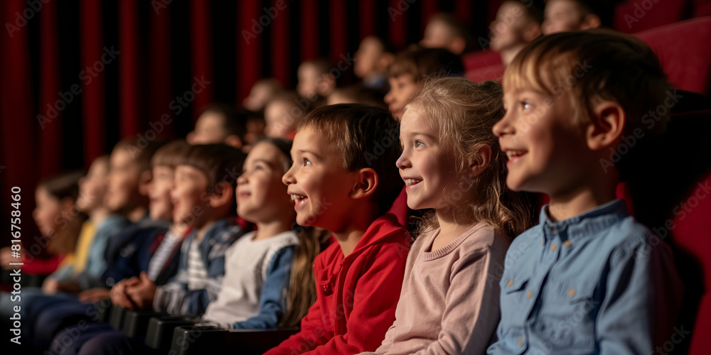 Group of cheerful children sitting in the theater watching the muppet show performance. Group of cheerful children sitting in the theater watching the muppet show performance.