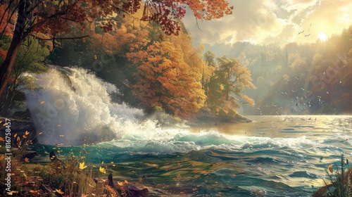 Bulwark by a turbulent lake in the autumn sun photo