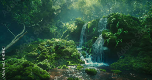 Hidden forest waterfall Waterfall covered with moss-covered rocks Surrounded by carpets and towering evergreen forests  magical  beautiful nature. Images are generated by AI