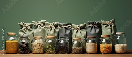 Set of jars and bag for zero waste shopping. copy space available