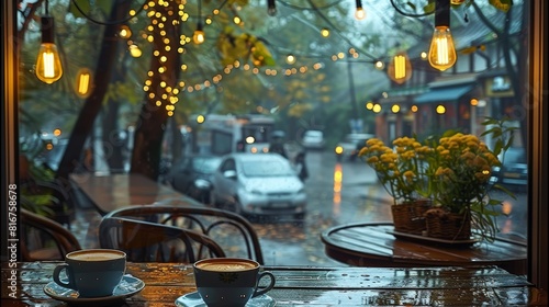 A cozy cafe with warm lighting  coffee cups on a table  view from an outside window  a rainy day outside  trees in the background  street lights hanging outside. Generative AI.