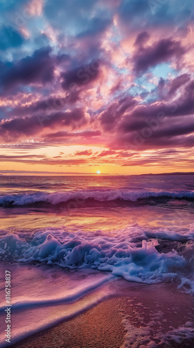 Sunset shores the sky in bright colors of orange, pink and purple as the sun's last rays shine. And creates a colorful, mesmerizing, mesmerizing image created by AI