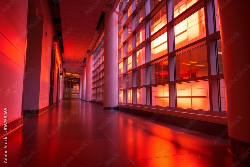 A wide-angle shot of a hallway with soft red lighting filtering through a window in a building
